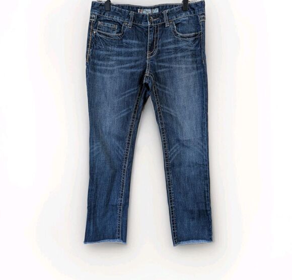 BKE Jeans Denim - BKE Lexi Crop Jeans Womens 29 Blue Raw Hem Stretch Bling Buckle Denim Casual